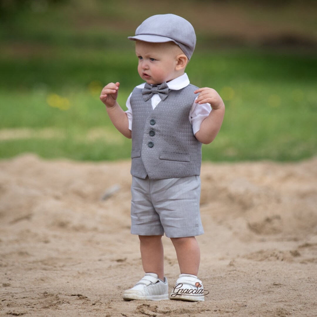 Baby Boy Gray Suit, Page Boy Outfit, Toddler Linen Newsboy