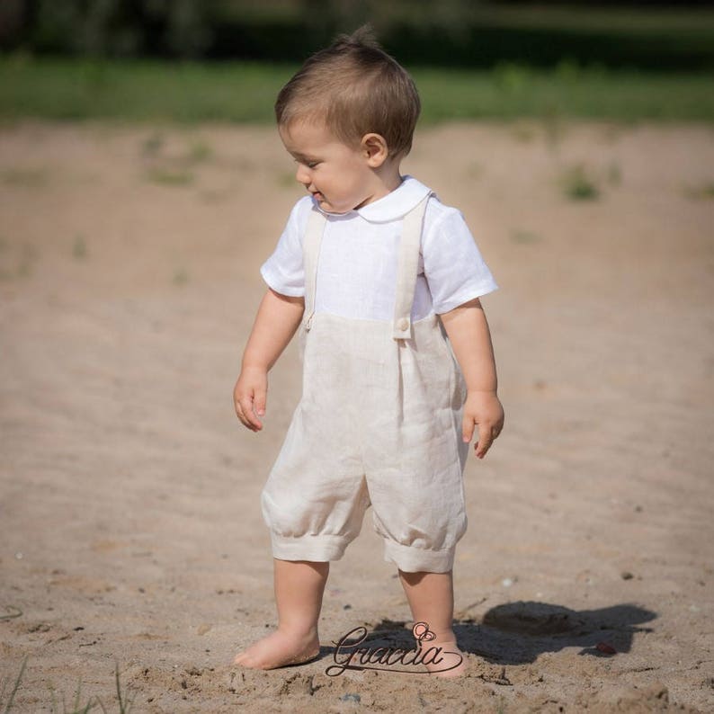 Baby Boy Ivory Romper Baptism Jumpsuit Boy Linen Dungarees Etsy