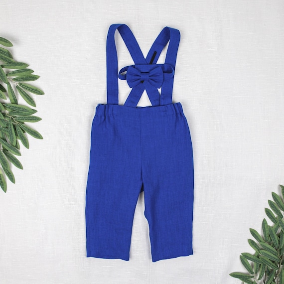 Boys Royal Blue Linen Pants with Suspenders and Bow Tie, Toddler Formal Trousers
