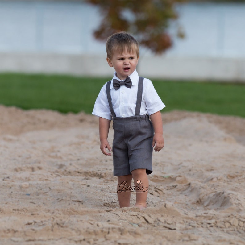 Gray ring bearer outfit Baby boy shorts suspenders suit 1st Etsy