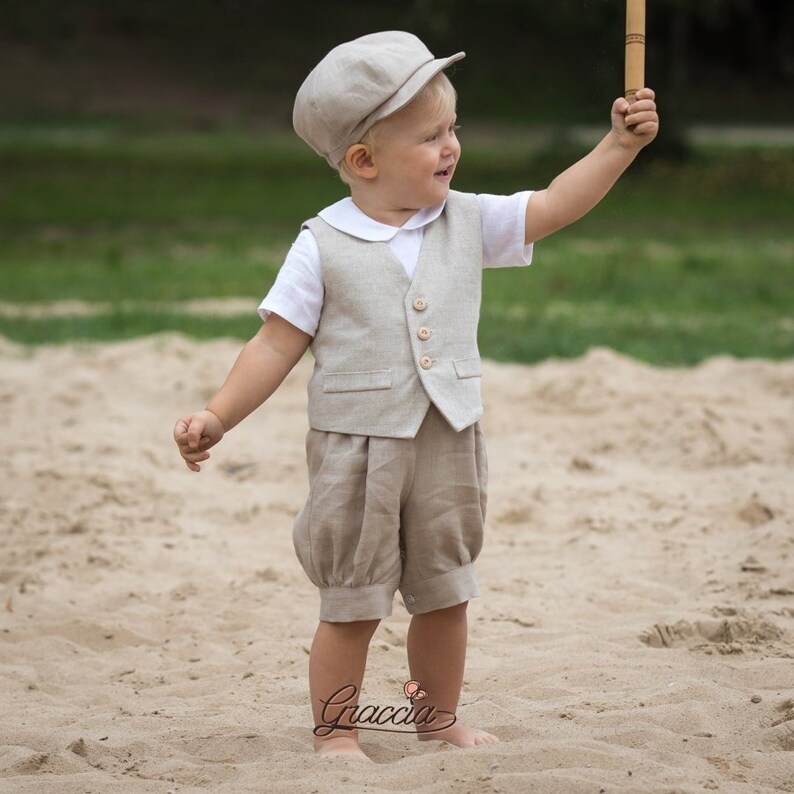 Toddler newsboy outfit Baby boy linen suit Beige Romper Vest Etsy