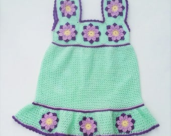 CUSTOM African Flower Granny Square Heirloom Baby Dress Hand Crocheted Fits 12-18 months