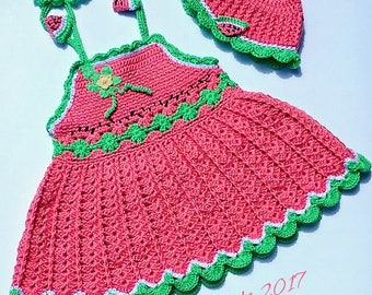 Watermelon Crochet Baby-sundress-girl-dress-Handmade-Dress-Summer-clothes-toddler-dress With Matching hat