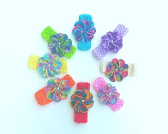 THREE Baby Headbands, Flower Headband, Crocheted baby headband, Rainbow baby headband, 3-D 8 spiral flower baby headband, Baby Turban
