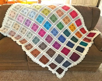 Heirloom keepsake hand crocheted rainbow ombre blanket quilt granny square afghan bedspread