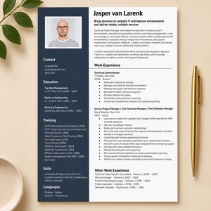 May include: A professional CV document for Jasper van Larenk featuring a dark blue sidebar with contact details, education, training, and skills. The white main section lists work experience, a profile summary, and a headshot photograph.