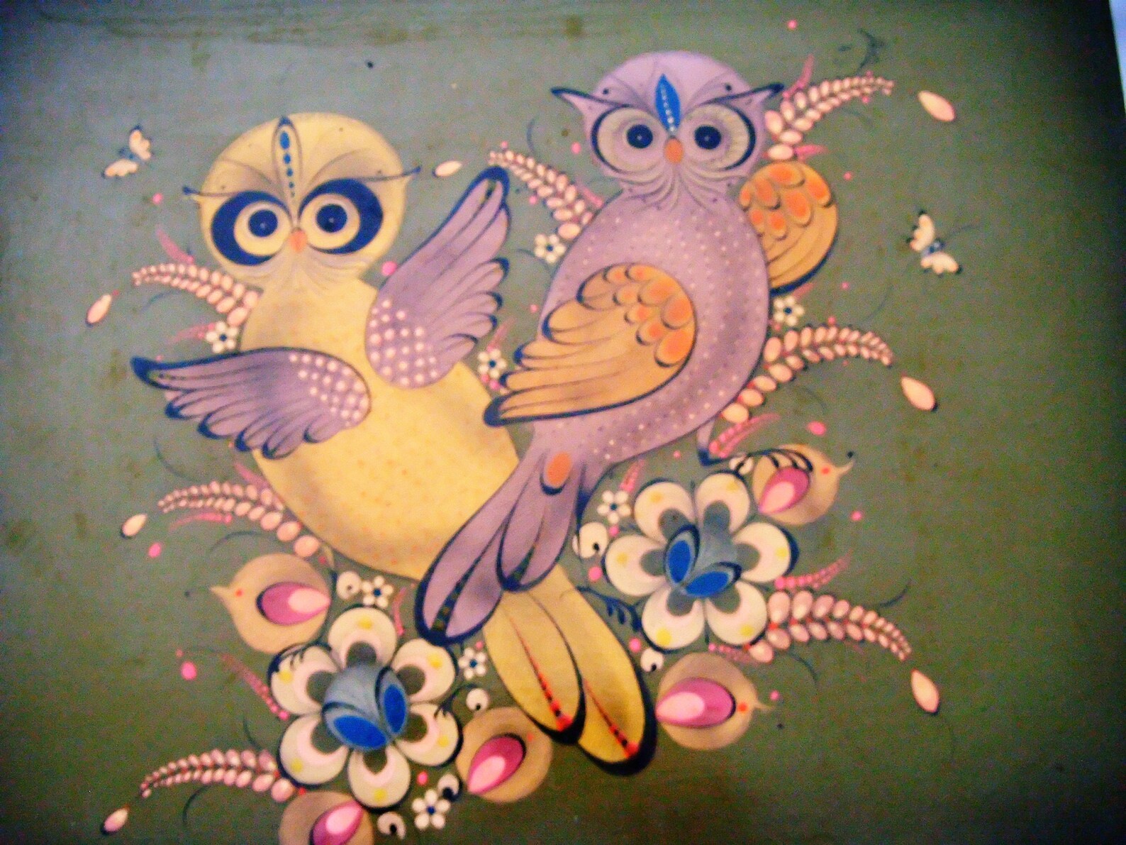 Vintage Painted Folk Art Wall Hanging Owls Fun Flourish Great Etsy