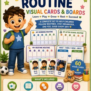 Visual Schedule for Kids, 60 Daily Routine Cards, Morning Bedtime Chart (PDF)