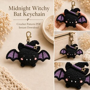 May include: A black crochet bat keychain featuring purple inner wings, a purple-banded witch hat with a gold star charm, two white fangs, and pink cheeks. The text Midnight Witchy Bat Keychain Crochet Pattern PDF Instant Download is visible.