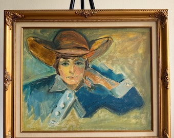 Vintage Portrait Oil Painting Young Man in Wide Brim Hat Blue Coat Impressionist Figurative Art Ornate Gold Frame