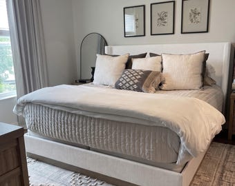 Upholstered Wingback Platform Bed, Tall Headboard, Wood Base, No Box Spring Needed