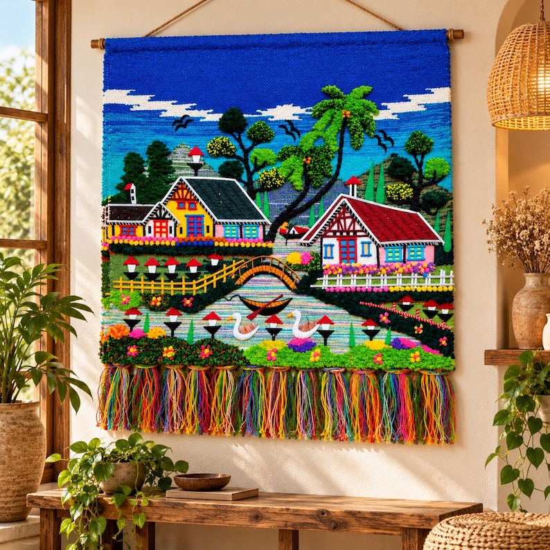 Village Multi Rustic Handmade Village Wall Hanging Rug, Colorful Wool Silk Jute Tapestry, 3D ...