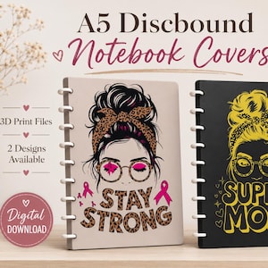 Op de afbeelding: Twee A5 discbound notitieboekcovers met grafische illustraties van een persoon met een rommelige knot en luipaardprint hoofdband. De linker cover is beige met de tekst STAY STRONG en roze lintjes. De rechter cover is zwart met gele tekst SUPER MOM.