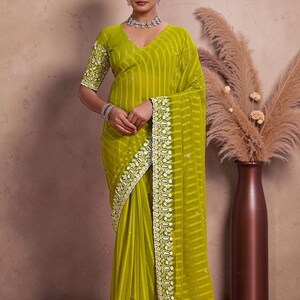 Sari de gasa amarillo limón bordado con hilo Tikki Work para ocasiones festivas, sari de diseñador con borde floral de lentejuelas, blusa a juego sin coser.