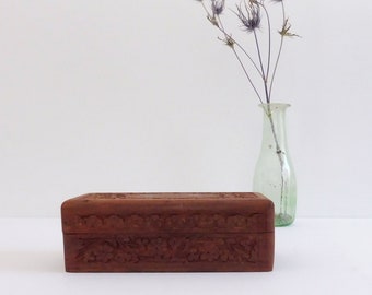 Vintage hand carved wooden decorative trinket jewelry box