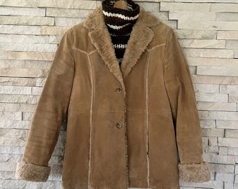SALE!!! Suede Leather Women's Mid-Length 70s Style Sherpa Coat