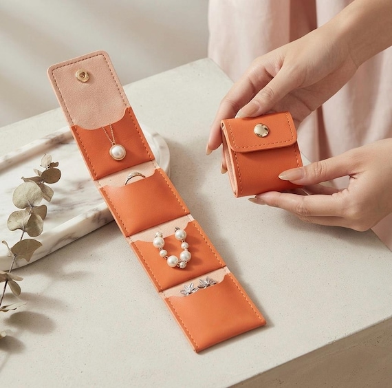 Mini Leather Jewelry Roll, Travel Jewelry Case with Snap, Small Foldable Organizer Pouch for Rings & Earrings, Gift for Her