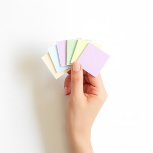 May include: A fan of six small, square paper cards in pastel shades of cream, light blue, lavender, mint green, pale yellow, and light purple. The cards are arranged in a layered, overlapping display, showcasing a variety of soft, muted colors.