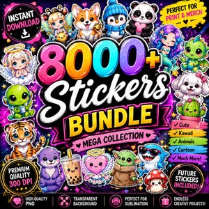 Op de afbeelding: Een digitale stickerbundel met meer dan 8000 kleurrijke, cartoonachtige illustraties van dieren, mythische wezens en personages op een donkerpaarse achtergrond met de tekst 8000+ Stickers BUNDLE MEGA COLLECTION.