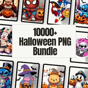 May include: A digital collection of 10000+ Halloween PNG files displayed on multiple screens. The graphics feature various cartoon characters dressed in Halloween costumes, including pumpkins, ghosts, and bats, with the text 10000+ Halloween PNG Bundle.