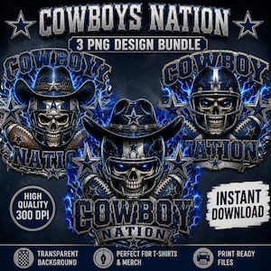 Op de afbeelding: Een digitaal ontwerppakket met drie grafische illustraties van schedels met footballhelmen en cowboyhoeden, omringd door blauwe bliksem en sterren. De tekst luidt COWBOYS NATION, 3 PNG DESIGN BUNDLE, HIGH QUALITY 300 DPI, INSTANT DOWNLOAD, TRANSPARENT BACKGROUND, PERFECT FOR T-SHIRTS & MERCH en PRINT READY FILES.