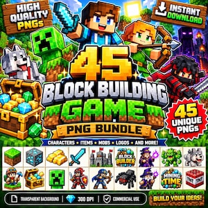 Op de afbeelding: Een digitaal grafisch pakket met 45 blokbouwspel-PNG's, inclusief personages, items, mobs en logo's. De afbeelding toont een verzameling gepixelde assets zoals een schatkist, zwaard, wolf en TNT-blok op een rasterachtergrond.