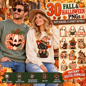 Può includere: Una pubblicità grafica digitale per un pacchetto di 30 design di clipart patchwork PNG a tema autunnale e Halloween. L'immagine mostra una persona con una felpa verde con grafica di zucca e una persona con una felpa color crema con un gatto.