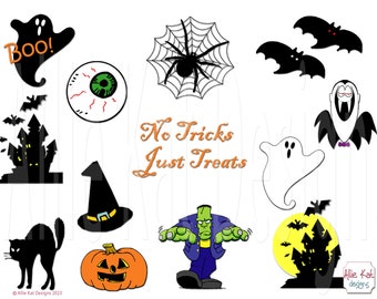 Cute Halloween Clipart Set - witch hat, cat, vampire, monster, Halloween saying, spider, bats, ghosts, Halloween mansion, jack o lantern