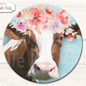 Floral cow watercolor png file for sublimation shirts. Digital download. Farmhouse Cow png. Jpg. PDF Watercolor Cow Art, Farmhouse Cow Décor image 2