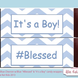 Blue Chevron Blessed & It's a Boy PRINTABLE Candy Wrappers-Gender Reveal-Baby Announcement-Baby Shower from Allie Kat Kids image 1