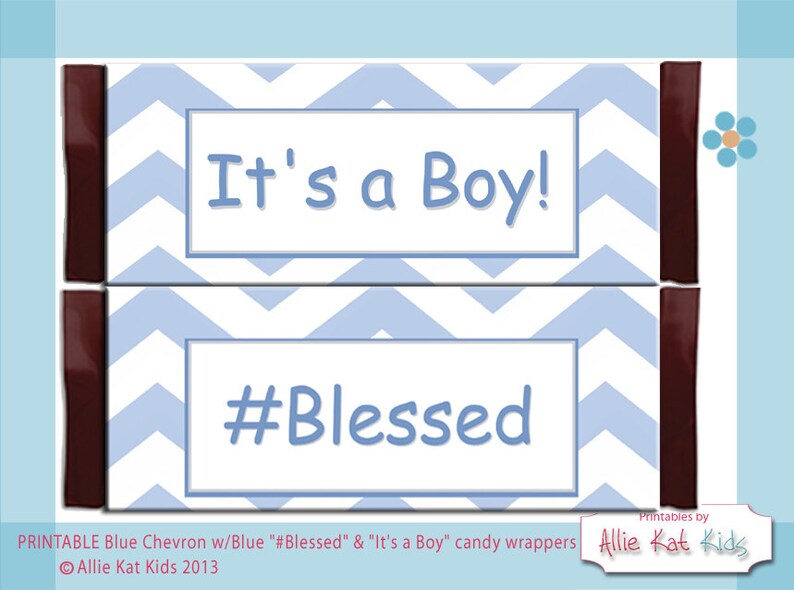 Blue Chevron Blessed & It's a Boy PRINTABLE Candy Wrappers-Gender Reveal-Baby Announcement-Baby Shower from Allie Kat Kids image 1