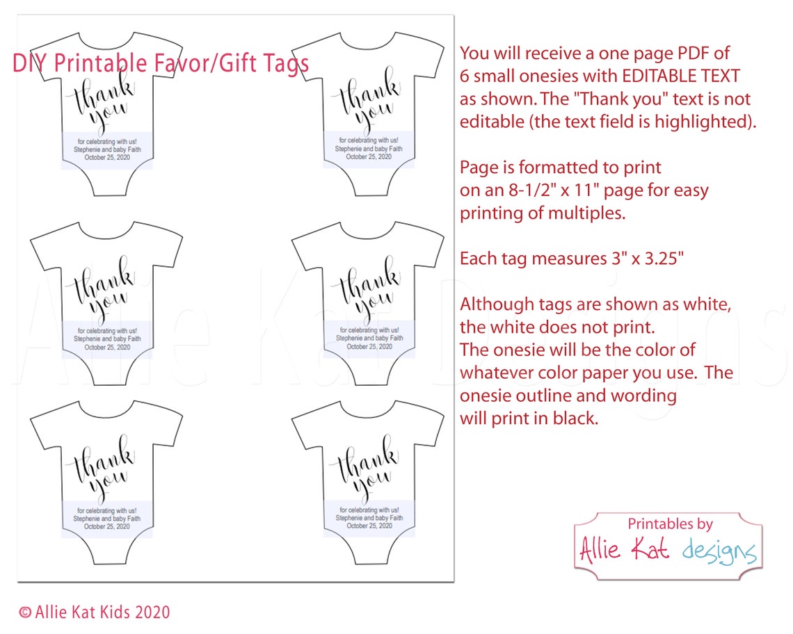 Printable Onesie Favor Tag Template, Baby Shower Favor Tag, Thank You ...
