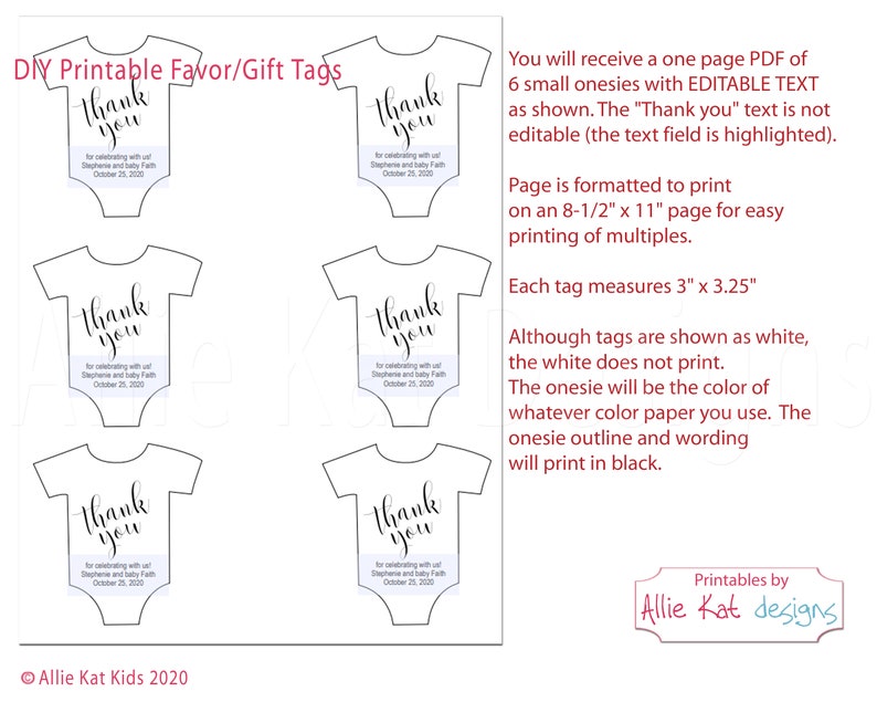 Printable Onesie Favor Tag Template, Baby Shower Favor Tag, Thank You ...