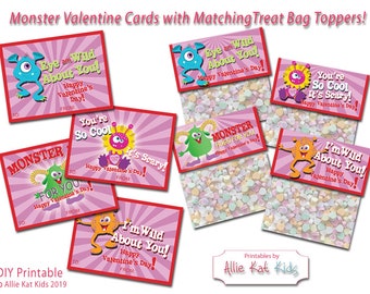 Printable Cute Monster Valentine Cards, Boy’s Valentines, Monster Valentine Treat Bag Topper, Instant Download by Allie Kat Kids