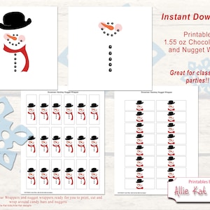 May include: Printable 1.55 oz chocolate bar and nugget wrappers featuring a snowman design. The wrappers are ready to print, cut, and wrap around candy bars and nuggets. Great for classroom parties!