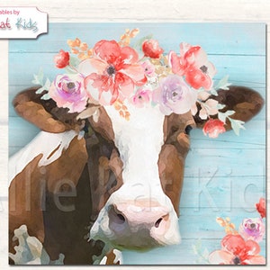 Floral cow watercolor png file for sublimation shirts. Digital download. Farmhouse Cow png. Jpg. PDF Watercolor Cow Art, Farmhouse Cow Décor image 1