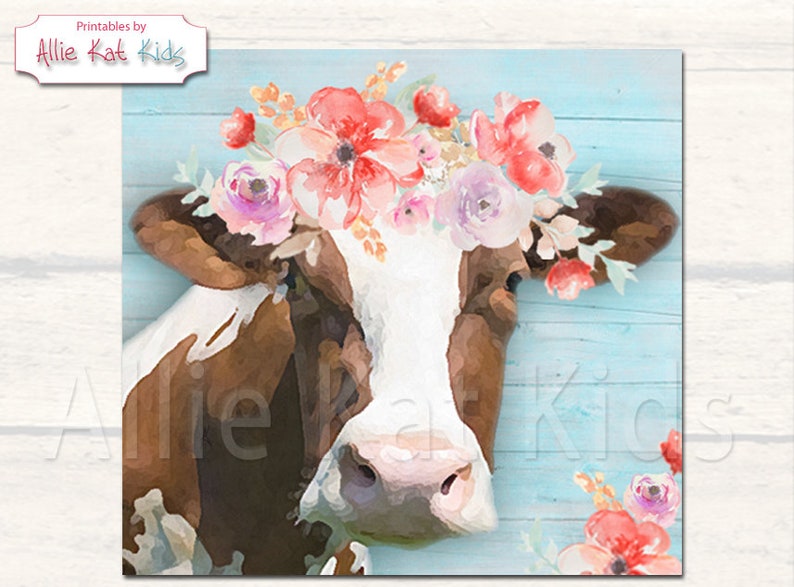 Floral cow watercolor png file for sublimation shirts. Digital download. Farmhouse Cow png. Jpg. PDF Watercolor Cow Art, Farmhouse Cow Décor image 1