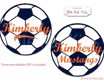 Navy Blue and Orange Soccer ball. Use as a Name Sign, Locker Sign, Party Banner, Jpeg, EDITABLE pdf, YOU print.