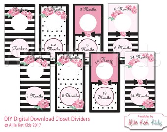 Printable Kate inspired baby clothes divider, nursery organization, black, white and pink, instant download