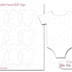 Peut inclure: Etiquettes de faveur ou de cadeau pour bébé à imprimer. Le motif est un simple contour d'une grenouillère avec un espace pour écrire. Il y a neuf étiquettes au total, avec une étiquette plus grande sur le côté droit de la page.
