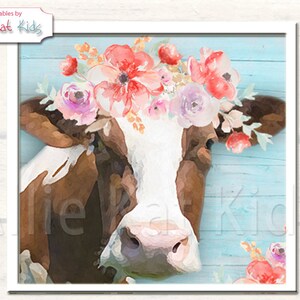 Floral cow watercolor png file for sublimation shirts. Digital download. Farmhouse Cow png. Jpg. PDF Watercolor Cow Art, Farmhouse Cow Décor image 3
