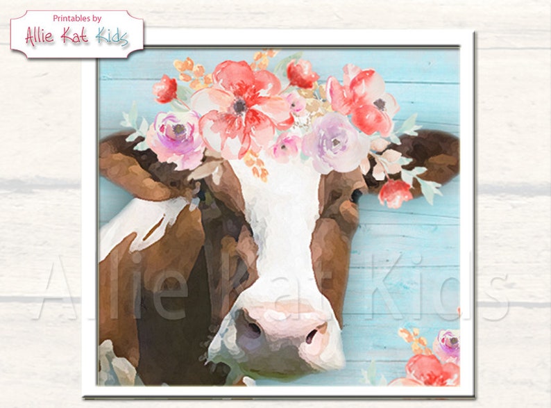 Floral cow watercolor png file for sublimation shirts. Digital download. Farmhouse Cow png. Jpg. PDF Watercolor Cow Art, Farmhouse Cow Décor image 3