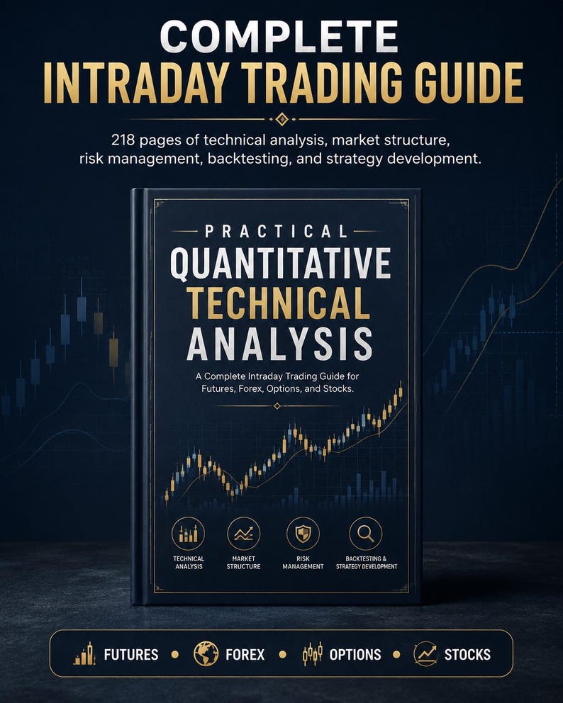 Op de afbeelding: Een donkerblauw boek met de titel Practical Quantitative Technical Analysis, A Complete Intraday Trading Guide for Futures, Forex, Options, and Stocks. De kaft bevat gouden tekst, een lijngrafiek van de aandelenmarkt en vier iconen voor technische analyse, marktstructuur, risicobeheer en backtesting.