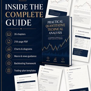 Op de afbeelding: Een donkerblauw boek getiteld Practical Quantitative Technical Analysis met een gouden beursgrafiek op de kaft. De afbeelding toont een lijst met kenmerken, waaronder 26 hoofdstukken, een pdf van 218 pagina's, grafieken en sjablonen.