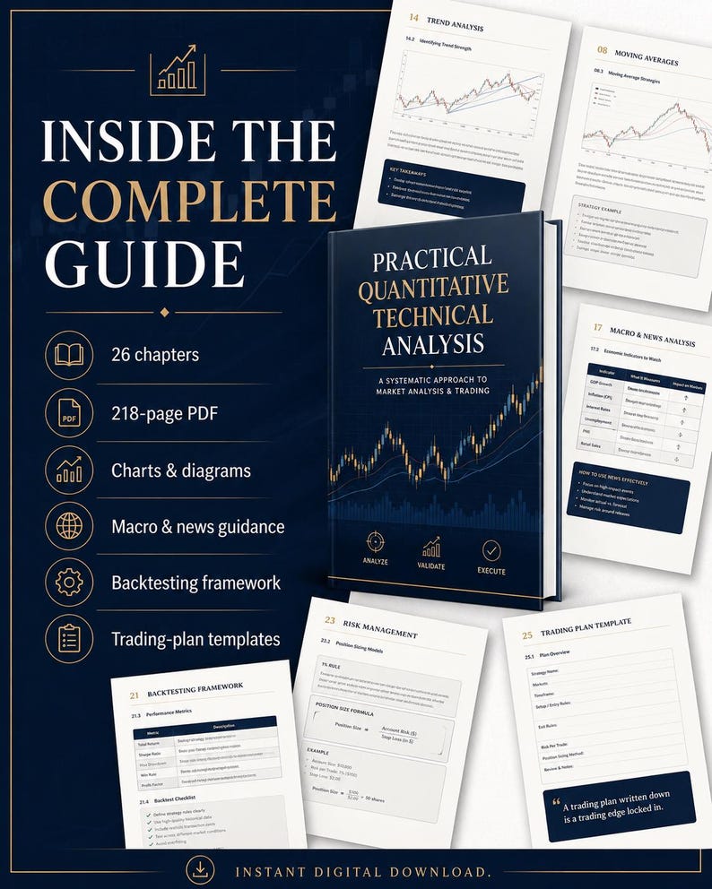 Op de afbeelding: Een donkerblauw boek getiteld Practical Quantitative Technical Analysis met een gouden beursgrafiek op de kaft. De afbeelding toont een lijst met kenmerken, waaronder 26 hoofdstukken, een pdf van 218 pagina's, grafieken en sjablonen.