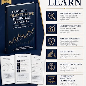 Op de afbeelding: Een boek getiteld Practical Quantitative Technical Analysis met een donkerblauwe kaft en gouden tekst. Hieronder tonen drie open pagina's grafieken en risicobeheergegevens. Rechts staat een lijst met zes leermodules, waaronder technische analyse.