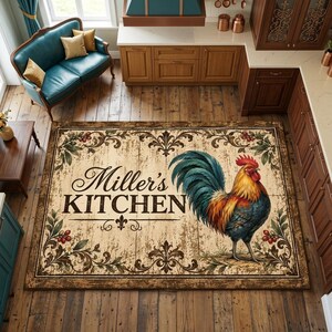Può includere: Un tappeto rettangolare con sfondo effetto legno invecchiato e un'illustrazione centrale di un gallo. Il testo Miller's KITCHEN è stampato in nero con caratteri script e serif, circondato da un bordo decorativo con motivi floreali.
