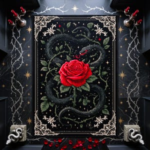 May include: A rectangular wall tapestry featuring a large, vibrant red rose at the centre, encircled by a black snake with red eyes. The design includes green leaves, thorny vines, and gold stars on a black background, framed by ornate silver borders.
