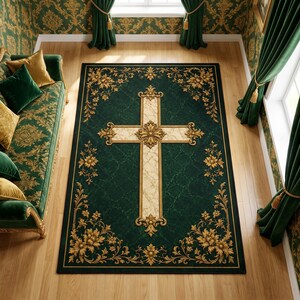 Könnte beinhalten: Ein rechteckiger Teppich mit einem tiefgrünen Hintergrund und einem mittig platzierten, cremefarbenen Kreuz in Marmoroptik. Der Teppich ist mit verzierten goldenen Filigranmustern an den Rändern und Ecken geschmückt, was ein symmetrisches Design ergibt.