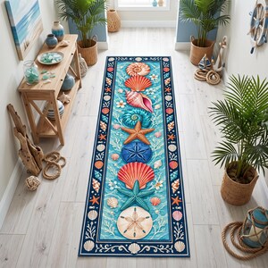 Peut inclure: Un tapis de couloir rectangulaire au motif côtier vibrant, présentant une colonne centrale de coquillages, d'étoiles de mer et de dollars des sables colorés sur un fond d'eau bleu clair, encadré par une bordure bleu foncé à motifs.